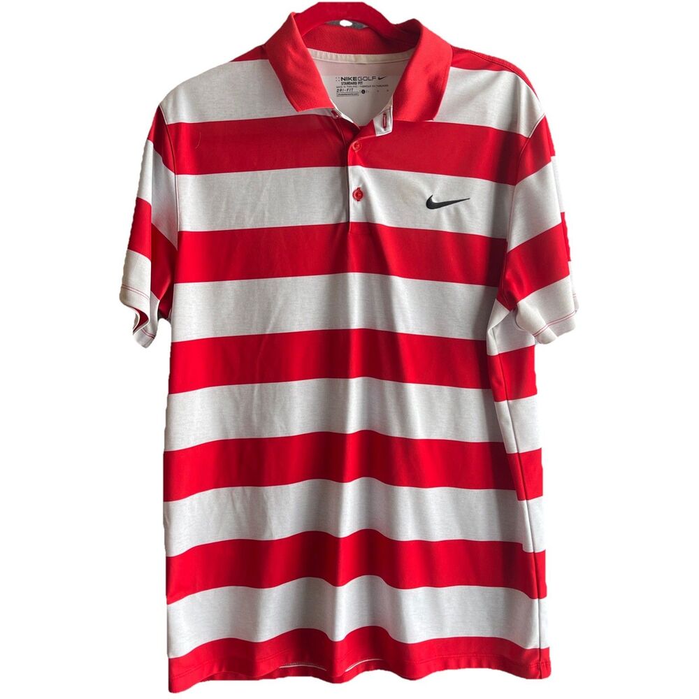 Nike Golf Mens Shirt Size Large Standard Fit Dri Fit Red and White Stripe